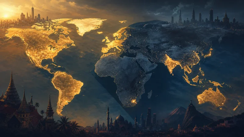 上部中央には金色に浮かび上がる世界地図、下半分には中東を思わせるモスクとビル群